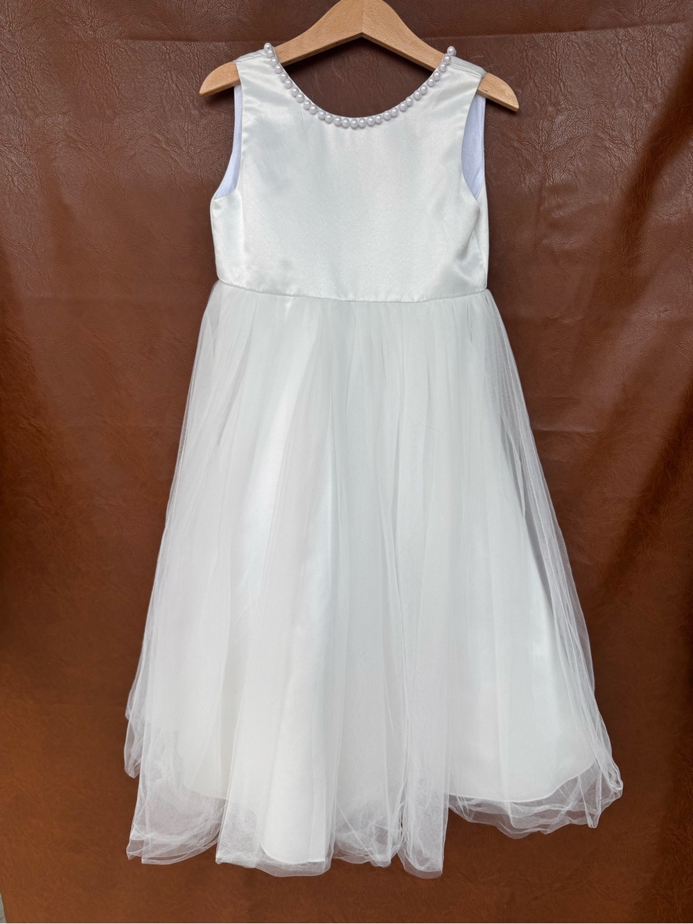 Girls White Satin Tulle Pearl Flower Girl Communion Dress Size 110 4-5 Years